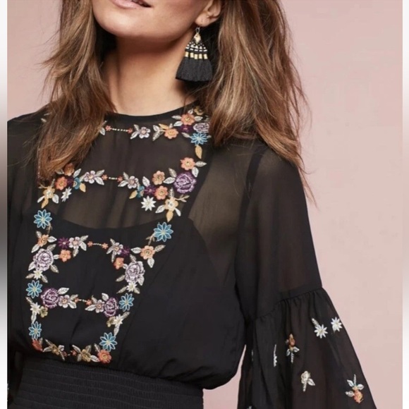 Anthropologie Maeve Anfisa Embroidered Tunic Floral Dress Size 4 Black - Picture 3 of 15